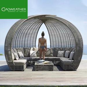 Cama de Día de Ratán de Lujo para Exteriores con Toldo, Moderna, para Villa, Hotel, Junto a la Piscina, Tumbona Redonda con Marco de Aluminio, Conjunto de Muebles de Patio - Product Image 4