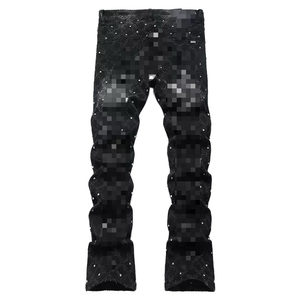 Jean Bootcut Homme High Street Effet Usé Broderie Diamant Stretch Skinny Déchiré Délavé Respirant Écologique Empilé - Product Image 1
