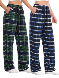 <span class=keywords><strong>Pantaloni</strong></span> Larghi da Donna a Quadri <span class=keywords><strong>con</strong></span> Elastico in Vita, Morbidi <span class=keywords><strong>Pantaloni</strong></span> Lunghi Verde-<span class=keywords><strong>Blu</strong></span> <span class=keywords><strong>con</strong></span> <span class=keywords><strong>Tasche</strong></span> <span class=keywords><strong>Laterali</strong></span>, Stile Casual per Casa - Product Image 3