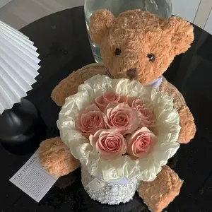 कस्टम हॉट बिक्री टेडी बियर पकड़े हुए पुआल बकेट फूल के बर्तन भरे हुए भालू प्लग खिलौने गुलाब फूल फूल रोमांटिक उपहार वैलेंटाइन का दिन