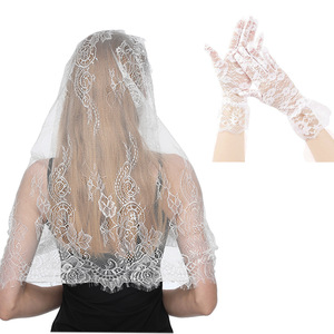 Velo <span class=keywords><strong>de</strong></span> encaje español blanco al por mayor para iglesia, <span class=keywords><strong>mantilla</strong></span> católica, pañuelo para la cabeza, chal para misa con guantes negros - Product Image 3