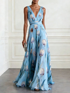Robe longue sans manches pour femme, imprimé tulipes, col en V, en mousseline, décontractée, taille naturelle, écologique - Product Image 6