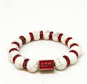 Pulsera personalizada de la hermandad Delta <span class=keywords><strong>DIVA</strong></span> en rojo, blanco y negro con letras griegas y cuentas de piedra en cuerda elástica. - Product Image 1