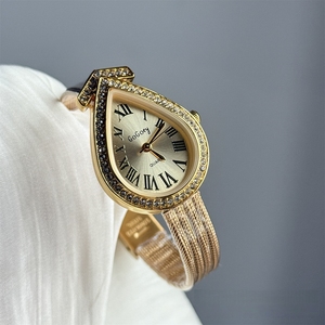 Montre pour femme avec cadran ovale en alliage de quartz, goutte d'eau, diamant, verre cristal, bracelet fin en acier inoxydable, étanche 3BAR - Product Image 1