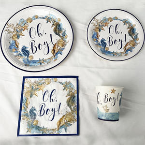 Assiettes en <span class=keywords><strong>papier</strong></span> jetables et neutres pour décoration de fête de bébé, serviettes de table pour révélation de sexe, oh boy - Product Image 3