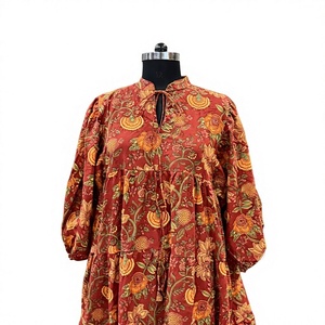 Robe longue en coton imprimé floral bohème pour femme, col montant, silhouette évasée en A, printemps, taille XL - Product Image 1