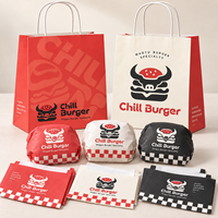 Ensemble d'emballages pour hamburgers imprimés sur mesure avec des sacs en papier à fond en V, des sacs à poignée pour hamburgers, des sacs pour frites, des sandwichs et à emporter