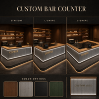 Comptoir de bar en forme de L avec éclairage LED, plateau multi-niveaux en HPL résistant au feu pour petit café, bistrot, restaurant décontracté