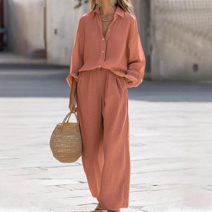 Women's Casual <b>Linen</b> Suit <b>Set</b> Long Sleeve Shirt And Trousers Solid Color S M L XL XXL XXXL For Europe And America - Product Image 2