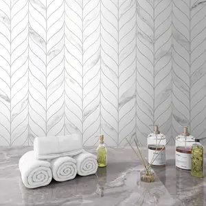 Sunwings ubin kupas dan tempel Waterjet | Stok di AS | Ubin dekorasi dinding dapur kamar mandi daun Carrara Putih