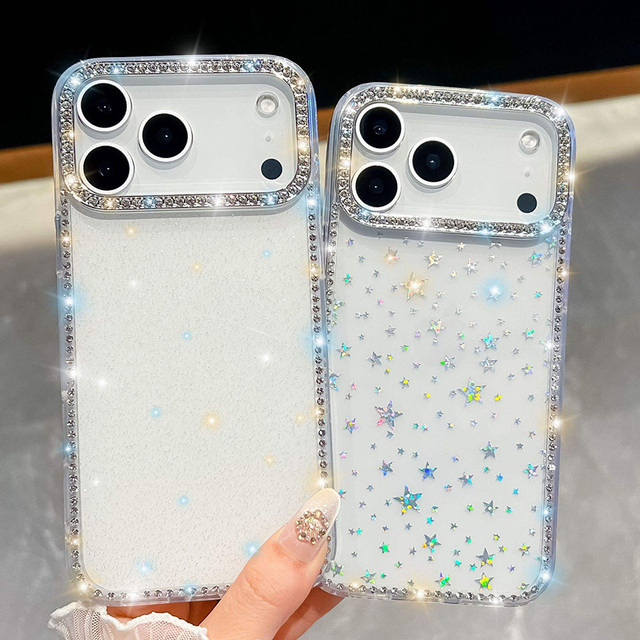 For Poco X7 Pro Transparent Rhinestones Glitter Diamond Frame Clear Phone Case Cover for iPhone 17 16 15 14 13 Pro Max 17 Air