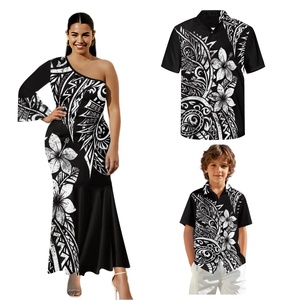Personnalisé noir et blanc famille Couple ensemble polynésien Tribal <span class=keywords><strong>tatouage</strong></span> conception une épaule sirène robe de soirée - Product Image 5