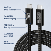 Câble de données USB5 Type-C 240W PD 80 Gbps 16K 60 Hz noir avec gaine en PVC tressé 1 m pour smartphone et ordinateur