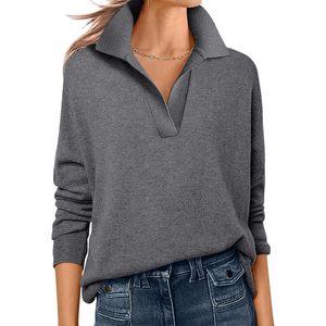 Pull en maille léger à col en V et manches longues pour femme – Tenue basique décontractée d'automne - Product Image 1