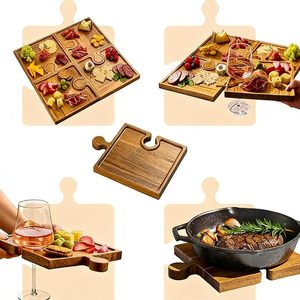 Set di 4 vassoi da portata in legno di acacia con manici e porta bicchieri da vino, ideali per feste e decorazioni domestiche - Product Image 4