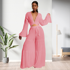 ชุดเซ็ต 2 ชิ้น เสื้อครอปคอวีลึกผ้าสเตรช กางเกงขายาวทรงกว้าง สไตล์ลำลองสำหรับผู้หญิง รุ่นใหม่ล่าสุด - Product Image 2