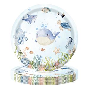 Vajilla desechable de fiesta con animales submarinos de acuarela, bandeja de papel temática de animales marinos, mantel para ocasiones festivas - Product Image 5