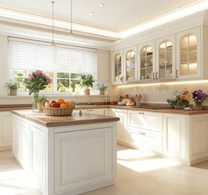 Ensemble <span class=keywords><strong>d</strong></span>'armoires de cuisine blanches personnalisées | Meuble de rangement en <span class=keywords><strong>verre</strong></span> arqué et poignées en laiton, en MDF/contreplaqué |   Prêt à assembler pour les appartements américains - Product Image 6