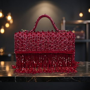 Pochette souple rouge perlée avec franges, sac à main scintillant pour soirée - Product Image 3