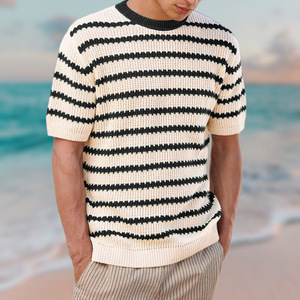 Pull en tricot rayé pour homme, manches courtes, col rond, style décontracté d'été, vert et blanc, style jeune - Product Image 4
