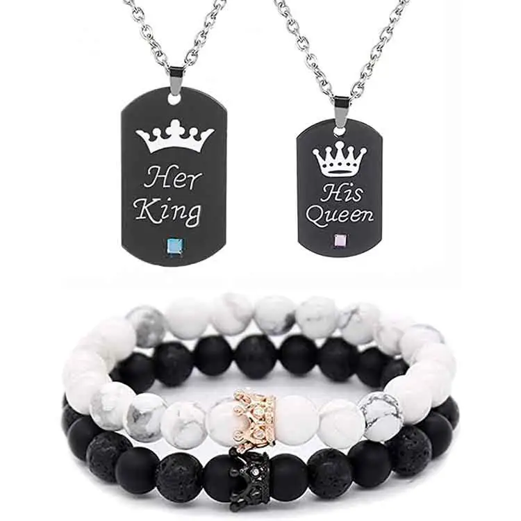 Go Party Ihr König Seine Königin Gravierte Buchstaben Krone Paar Halsketten Edelstahl Diamant Erkennungs marken Halskette Perlen Armband Set