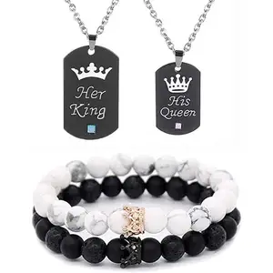 Go Party Her King His Queen Engraved Letters Crown Couple Necklaces Stainless Steel Diamond Dog Tags Necklace Beads Bracelet Set