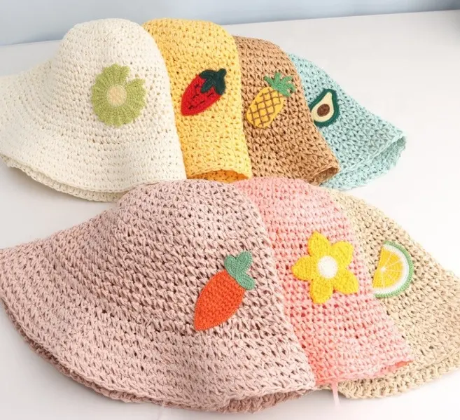 Twisted Paper Baby Straw Bucket Hat with Fruits Carrot Water Melon Avocado Flowers Applique Decoration