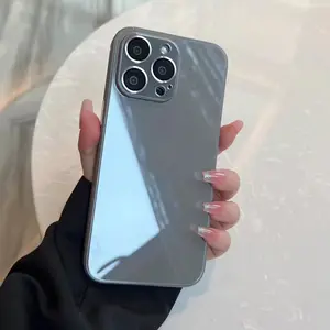 AG kristal berraklıkta cam kabuk lineer logo iphone13 için 14 15 pro max cep telefonu kılıfı metal düğme ile 11 12 vaka toptan