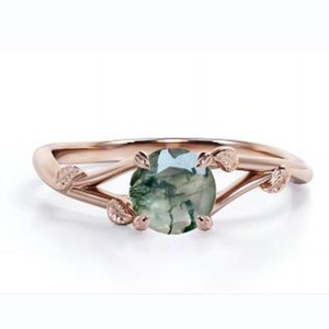 <b>925</b> <b>Silver</b> Moss Agate <b>Ring</b> Round Cut Prong Setting Women's Vintage Engagement <b>Ring</b> - Product Image 1
