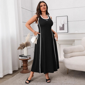 <span class=keywords><strong>Robe</strong></span> longue décontractée et sportive pour <span class=keywords><strong>femme</strong></span>, grande taille, col rond, sans manches, coupe trapèze, avec bordure contrastante - Product Image 1