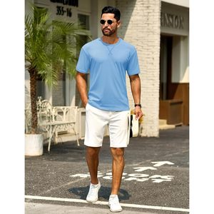 Cotrasen เสื้อยืดลำลองผู้ชาย, เสื้อยืดลำลองคอตตอนใส่สบายทรงหลวมเสื้อฤดูร้อนมีลายสีพื้นดีไซน์เปิดไหล่ - Product Image 2