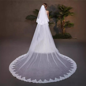 S1485R 2025 New Bride Long Bone Lace Full Lace White Ivory Two-layer Face Covering Veil - Product Image 4