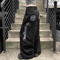 Jean en denim Y2K gothique automne, coupe ample et décontractée, imprimé contrastant, taille basse, jambe large, respirant, coupe-vent, boutons et fermetures éclair, délavé