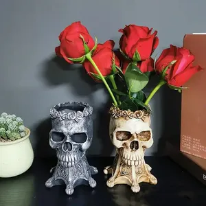 Art Vintage Skulls Vase Sculpture Flower Pot Resin Flower Vase Gold Vase for Home Decor