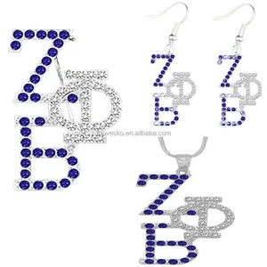 Custom Greek Sorority Zeta Phi Beta Letter Rhinestone Pendant Sister Offset Silver Set Jewelry