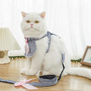 Harnais rayé bleu pour animaux de compagnie avec nœud rose pour chats et chiens, taille petite et moyenne, ceinture de traction en polyester - Product Image 3