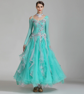 Nuovissimo abito da <span class=keywords><strong>ballo</strong></span> valzer a maniche lunghe di alta qualità da <span class=keywords><strong>ballo</strong></span> moderno danza latina grazioso gonna fluente da donna - Product Image 4