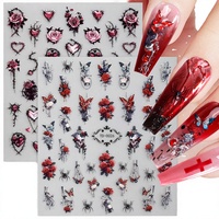 Autocollants 5D pour ongles motif rose gothique, décalcomanies florales romantiques sombres en forme de cœur et de épines, autocollants adhésifs DIY pour manucure