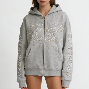 Custom Logo Women Summer Knitted 100% Cotton Zip-<b>Up</b> Hooded Long Sleeve Loose Casual Outerwear Pocket Pearl Decoration Hoodies - Product Image 1