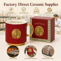 Tasse à café en céramique souvenir de Portugal, Europe, avec badge métallique en relief et rayures verticales, pour tasse en porcelaine fine, personnalisable OEM ODM, vente en gros