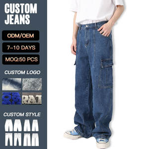 بنطلون جينز رجالي مخصص من المصنع، فضفاض بقصة مستقيمة وخصر متوسط، مغسول بحمض، كاجوال بجيوب كارغو - Product Image 1