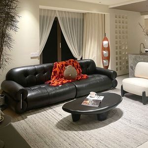 Canapé en cuir minimaliste italien, droit, noir, capitonné, meubles modernes pour salon - Product Image 3