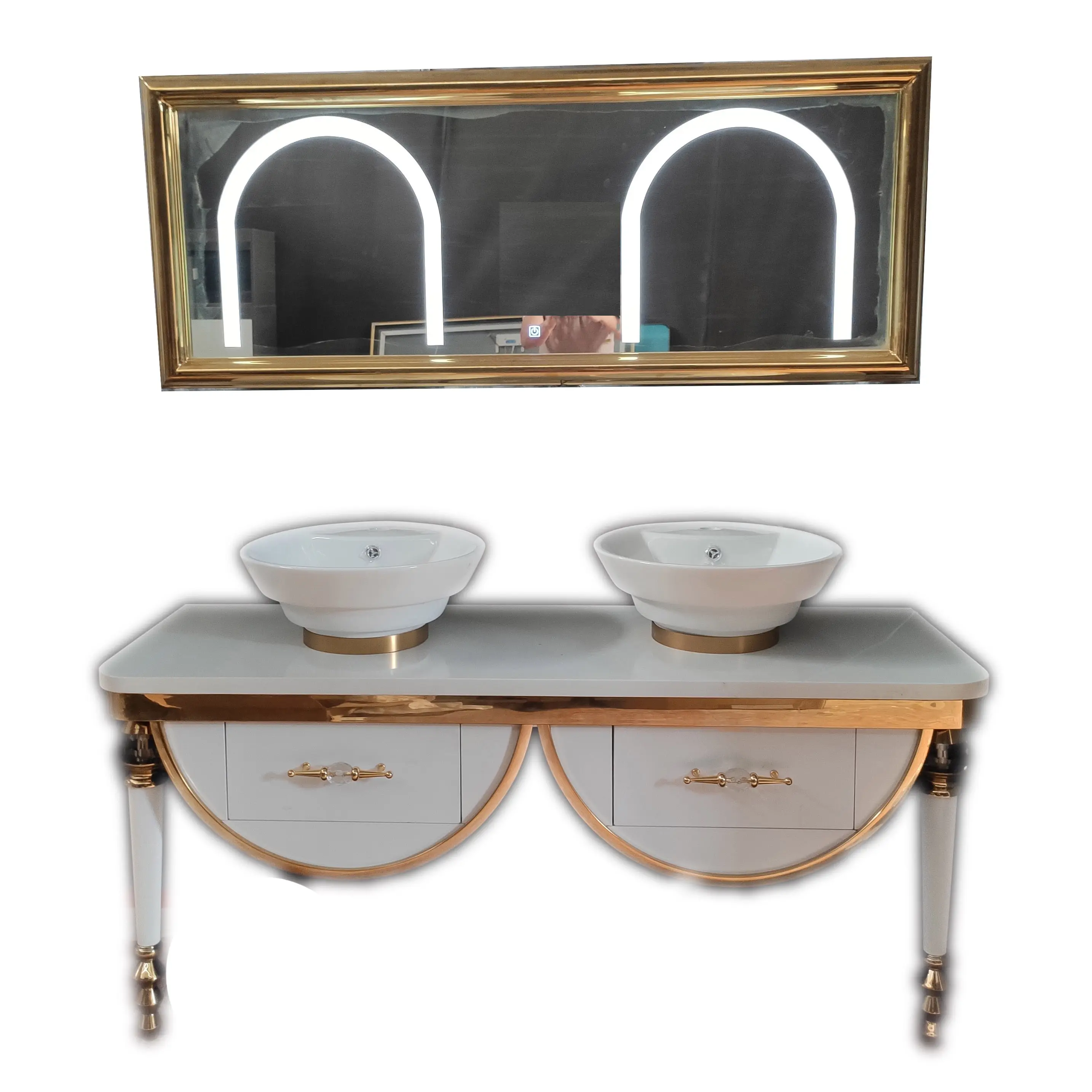 golden antique double sink stainless steel bathroom vanity with LED mirror