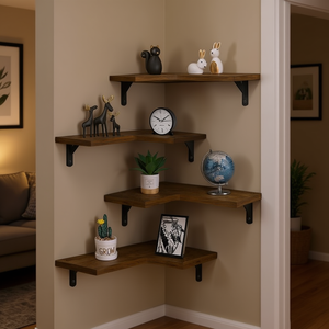 Estantes Flotantes de Esquina Rústicos de Madera de Paulownia, 4 Niveles, Capacidad de 88 lb, Almacenamiento Montado en la Pared para Sala de Estar - Product Image 2