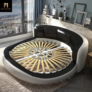 עיצוב ריהוט חמוד עץ כותרת יוקרה בצורת המלך גודל עגולה מיטת עור שחורה - Product Image 6