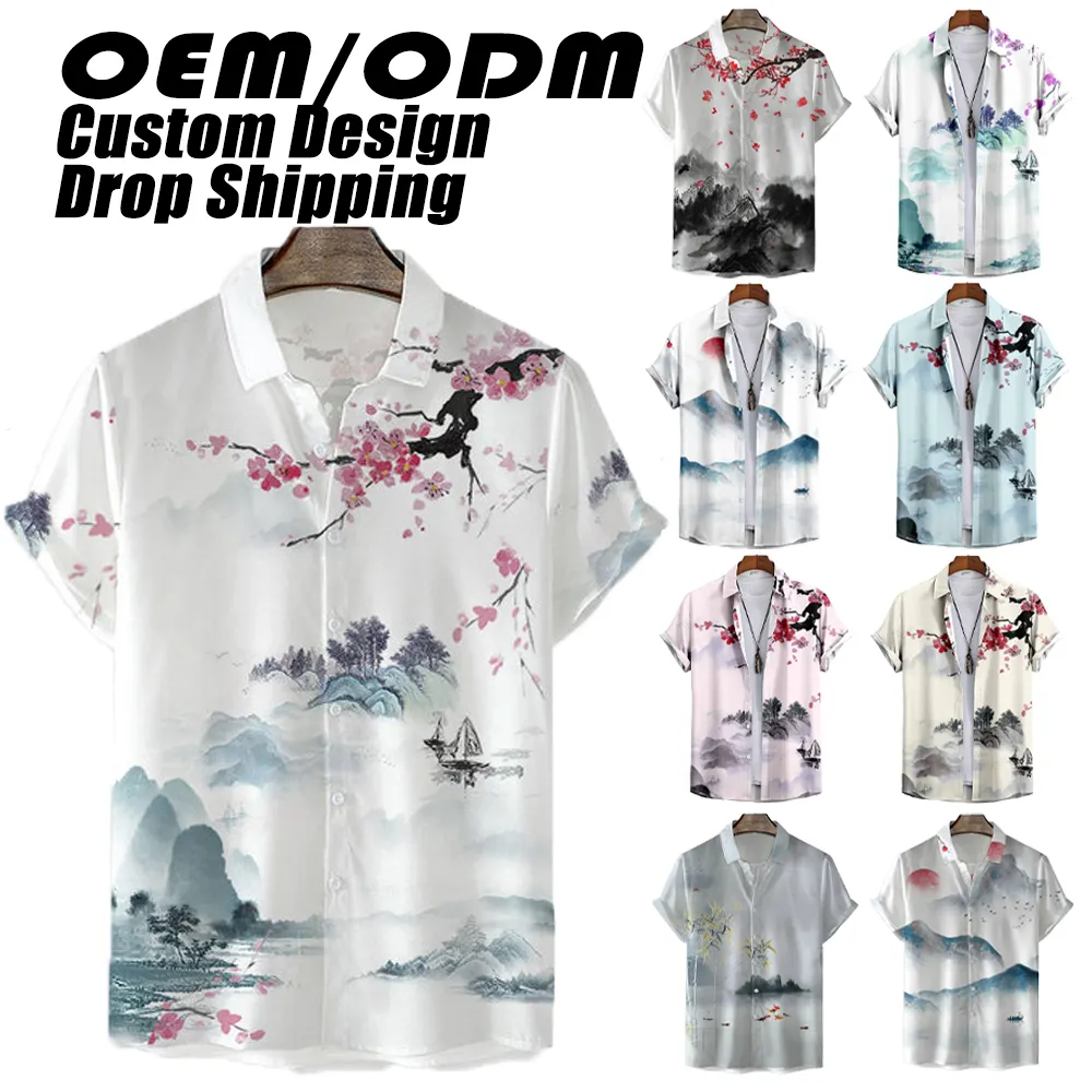 OEM ODM Chinese Style Men Vacation Shirt Casual Short Sleeve With Pattern Men Ink Painting Shirt