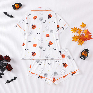 Set Minimalista e Carino per Halloween, Pigiama da <span class=keywords><strong>Donna</strong></span> con Stampa di Zucca, Fantasma e Pipistrello, Camicia a Maniche Corte con Bottoni, Logo Personalizzabile - Product Image 2