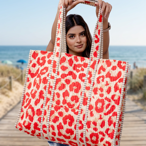 Leopard Print <b>Straw</b> Tote <b>Bag</b> Bohemian Style Open Top <b>Summer</b> Beach Handbag - Product Image 1