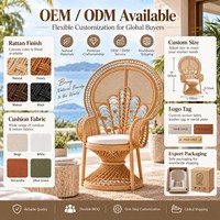 Fauteuil Paon en Rotin Naturel Tressé à la Main avec Coussin pour Salon, Hôtel, Resort