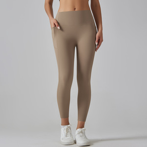 Thoáng Khí Bơ Mềm Yoga Xà Cạp Tummy Kiểm Soát Thân Thiện Với Môi <span class=keywords><strong>Spandex</strong></span> / Nylon Không Có Phía Trước Đường May Điện Thoại Túi Cho Phụ Nữ Của Tập Luyện - Product Image 2